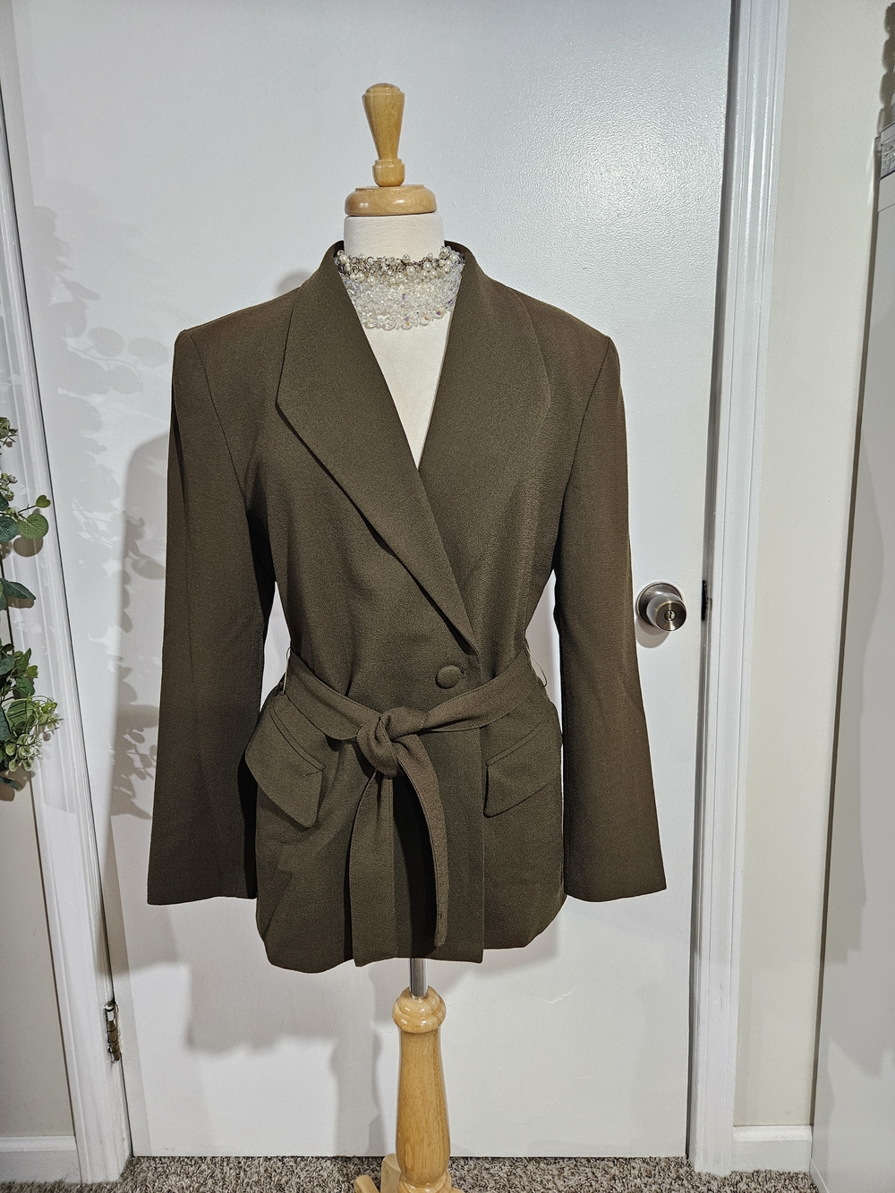 Women's Olive Belted Blazer And Pants Suit
